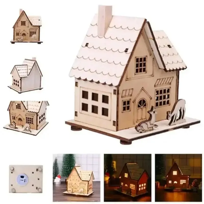 1pcs Tabletop Small Wooden House Christmas Decorations, New Year Xmas Diy Gift For Children