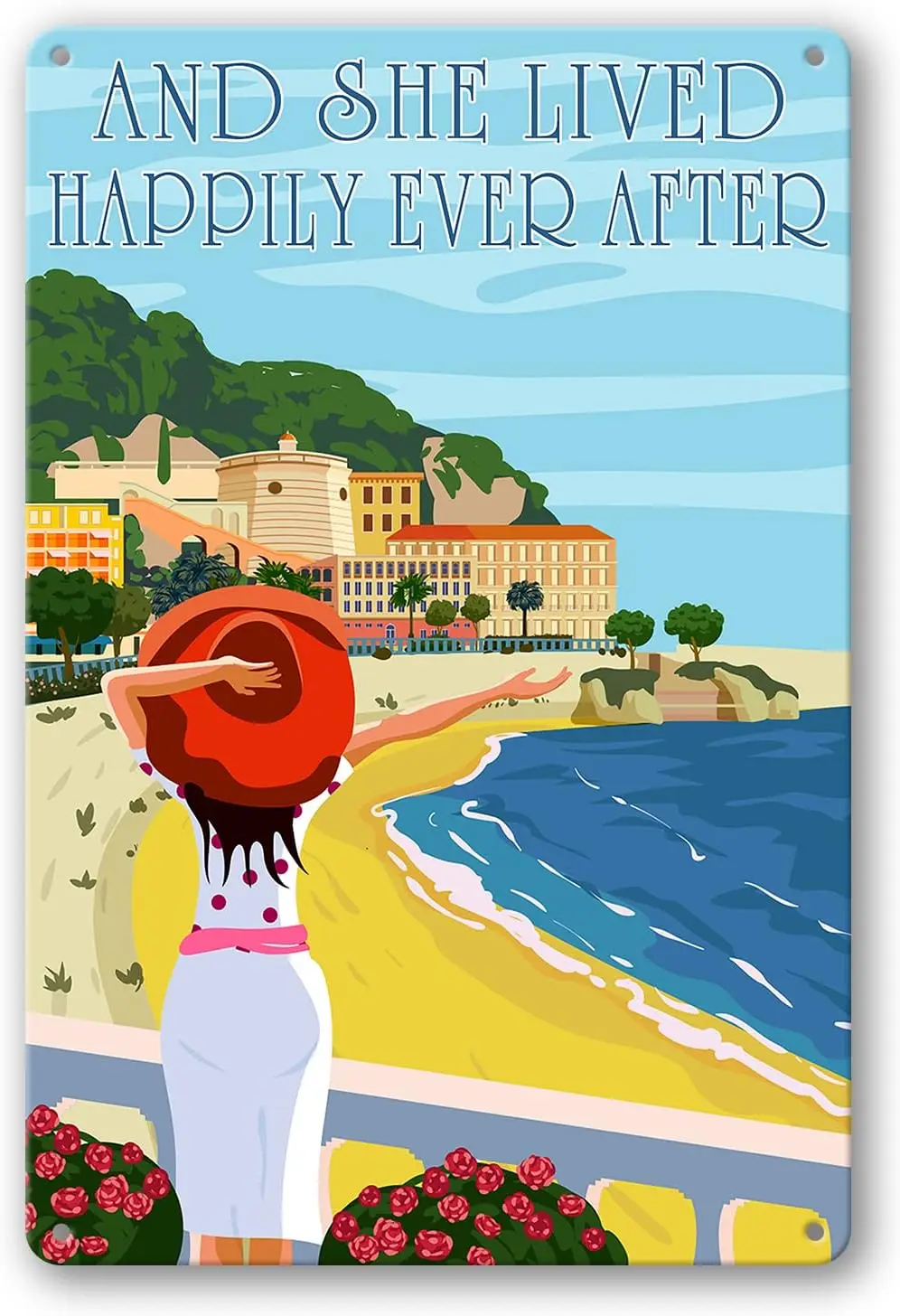 And She Lived Happily Ever After Sign Metal Tin Signs, Vintage Girl And Beach Art Poster Plaque Kitchen Home Wall Decor Bedroom