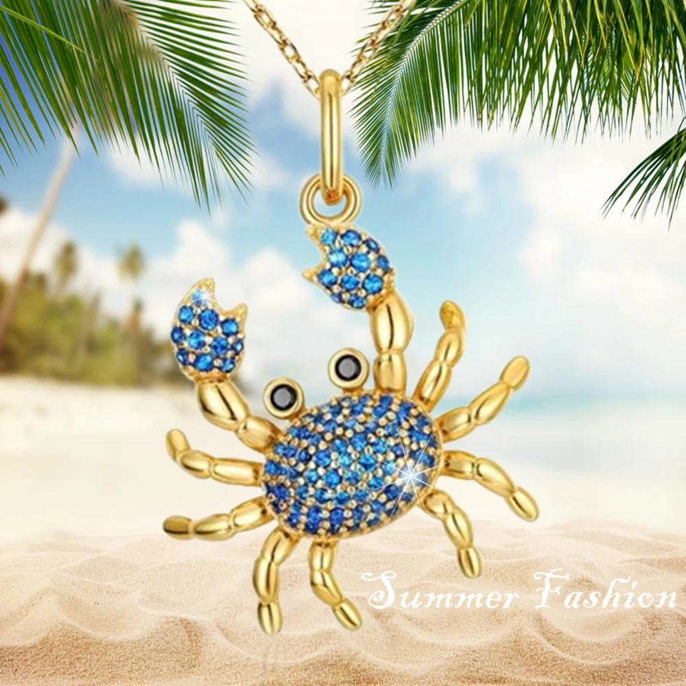 Luxury Sparkling Blue Rhinestone Crab Pendant Necklace for Women Elegant Ocean Blue Style Jewelry Romantic Valentine's Day Gifts