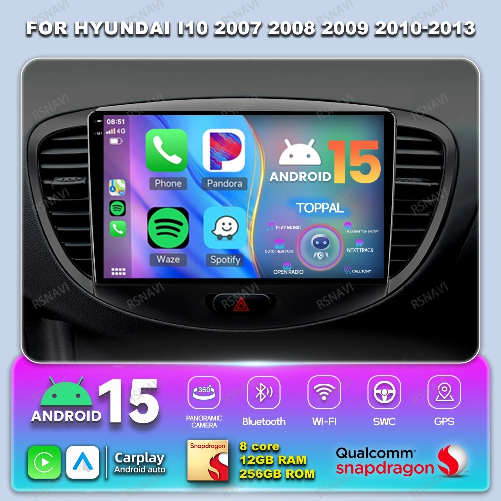 أندرويد 15 راديو السيارة لشركة هيونداي I10 2007 2008 2009 2010-2013 QLED ستيريو نظام تحديد المواقع DSP رئيس وحدة الوسائط المتعددة كوالكوم 4G LTE DVD BT