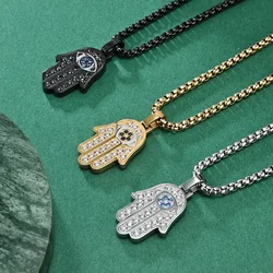 Turkish Evil Eye Hamsa Hand Pendant Necklace Black Gold Plated Stainless Steel Cubic Zirconia Necklace for Men Women