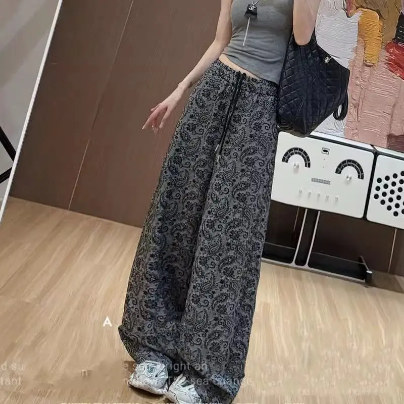 

Grey Jacquard Casual Pants for Women in Spring and Summer Thin High Waisted Straight Leg Floor Length Wide Leg Pants