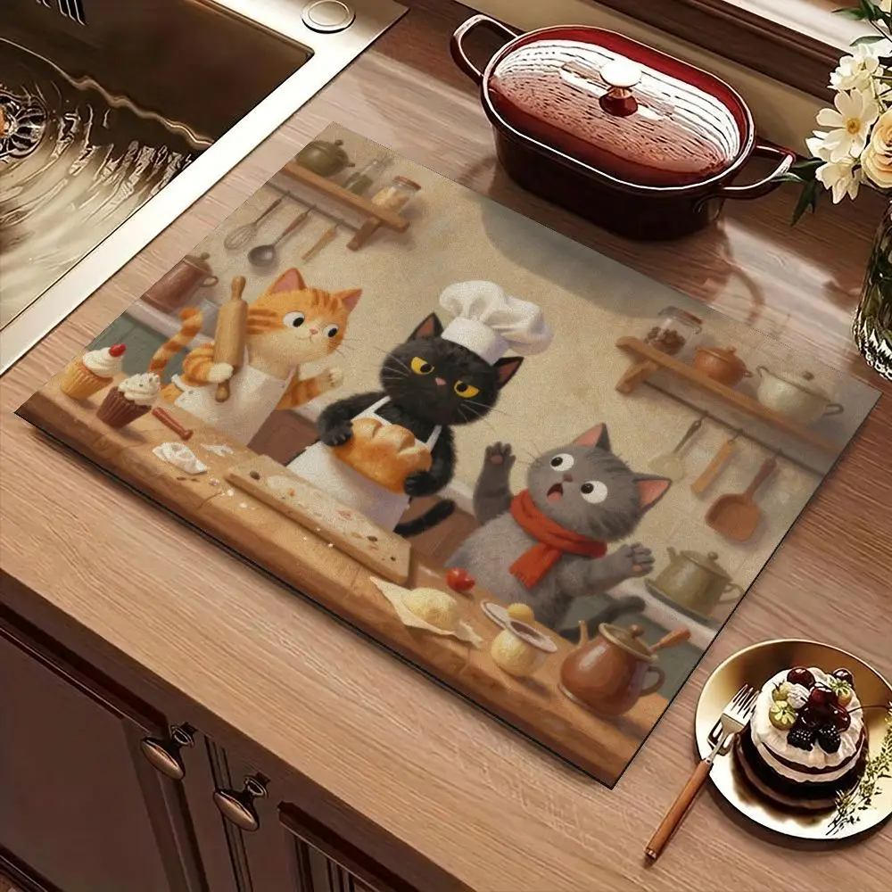 Cute Cartoon Cats Baking Fast Drying Mat Super Absorbent Tableware Countertop Pad Heat Resistant Kitchen Placemat Pad
