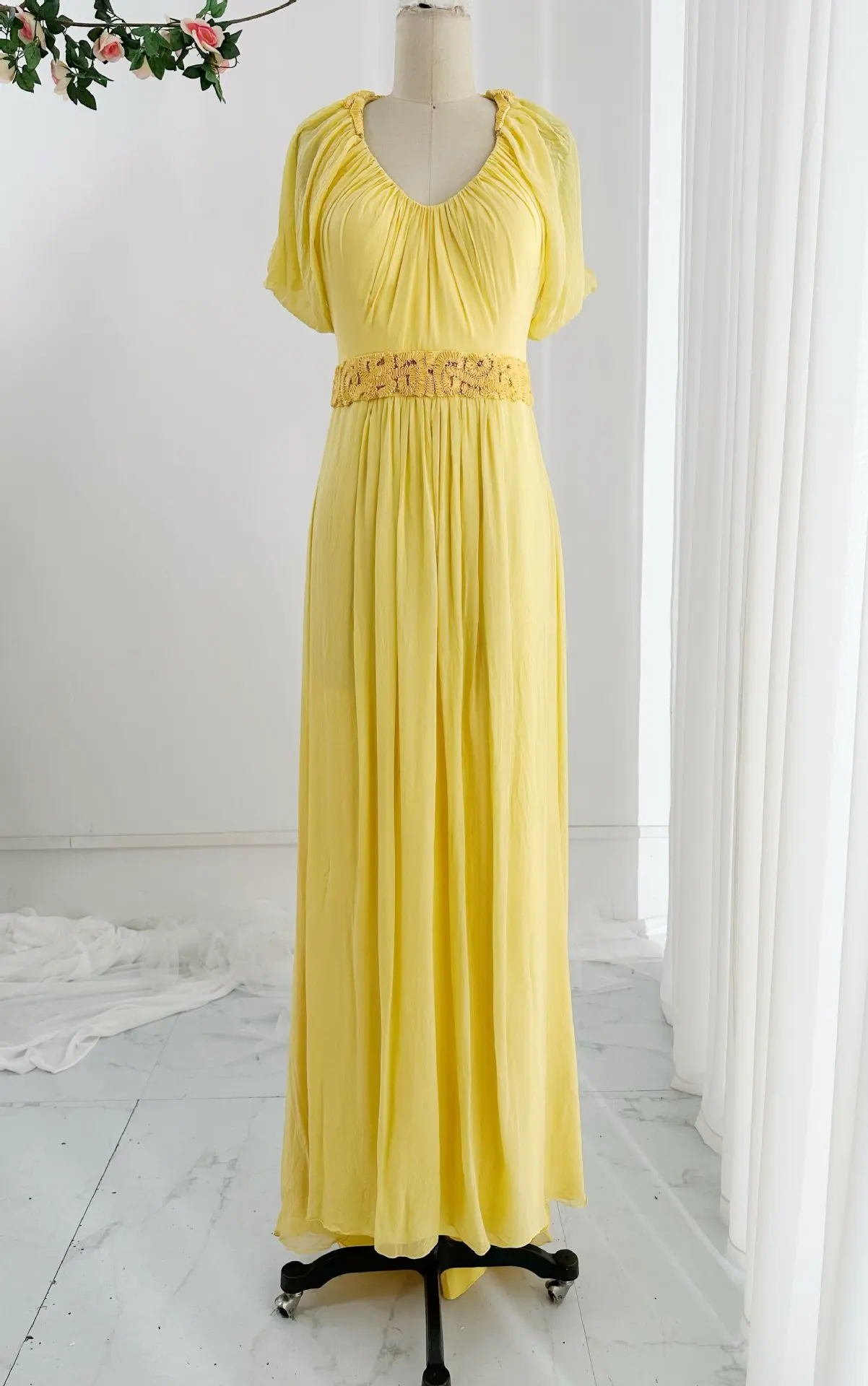 Yellow Mid -Sleeved V -Neck Simple Chiffon Slimming Shows Daily Party Can Wear Party Night Dress Skirt M2105