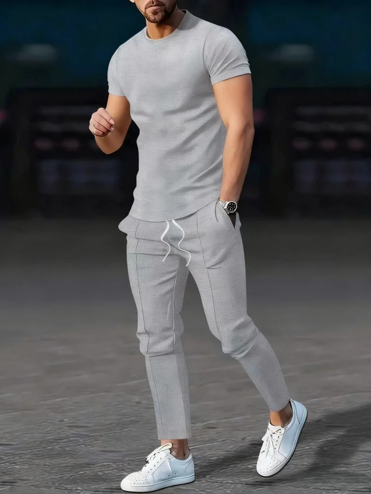 Fashionable and Casual Summer Outdoor Sports Men's Breathable T-Shirt Long Pants Two-Piece Sportswear Set