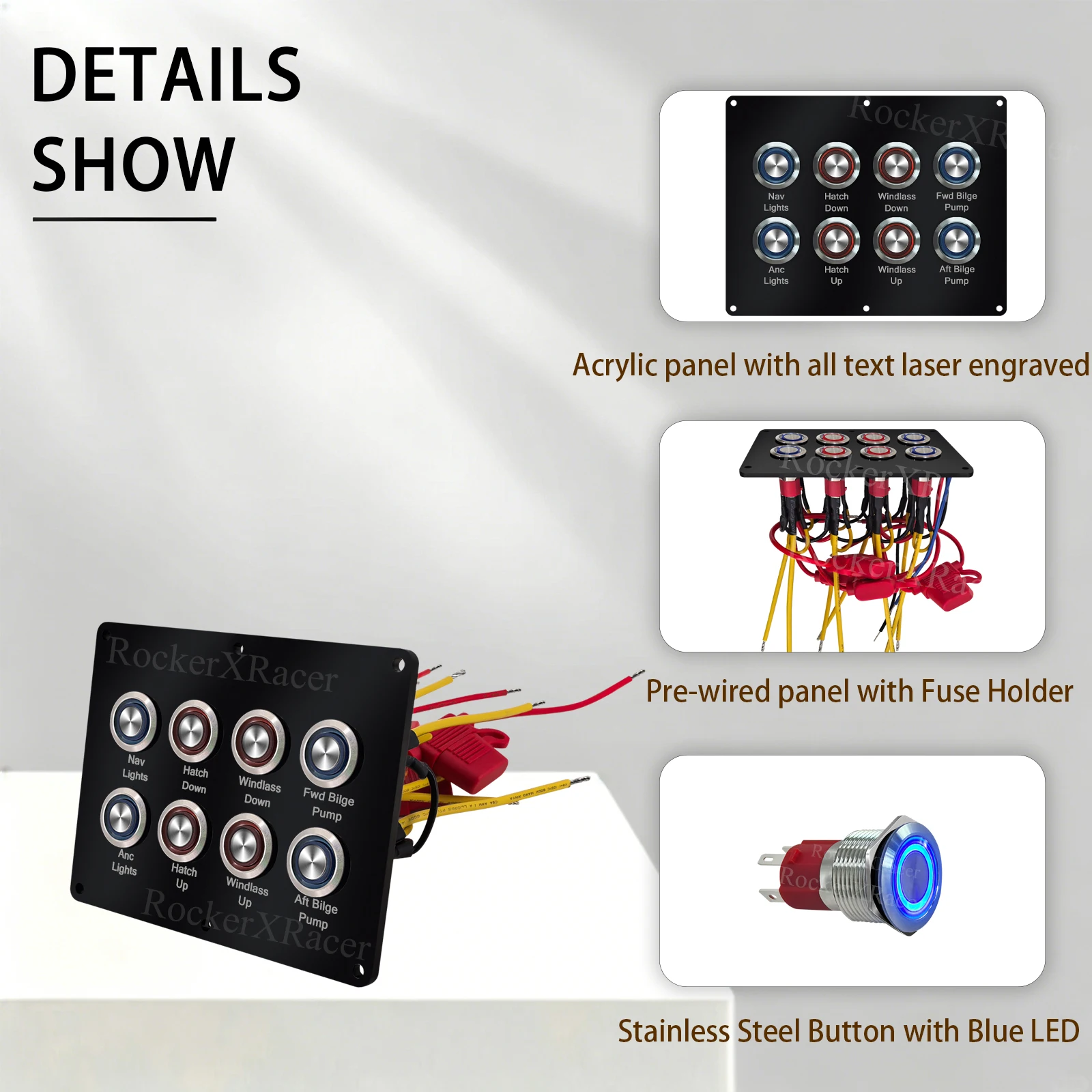 8 Way Marine Switch Panel Acrylic Boat Control ON-OFF for Nav Lights Bilge Pump Waterproof IP67 Yacht Dashboard 12V