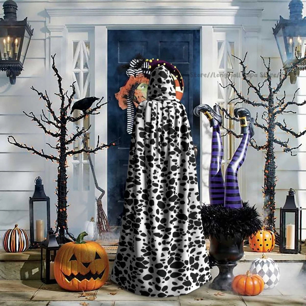 Adult Vampire Cape Hooded Robe Dalmatian Dog Print Halloween Cloak Full Length Cosplay