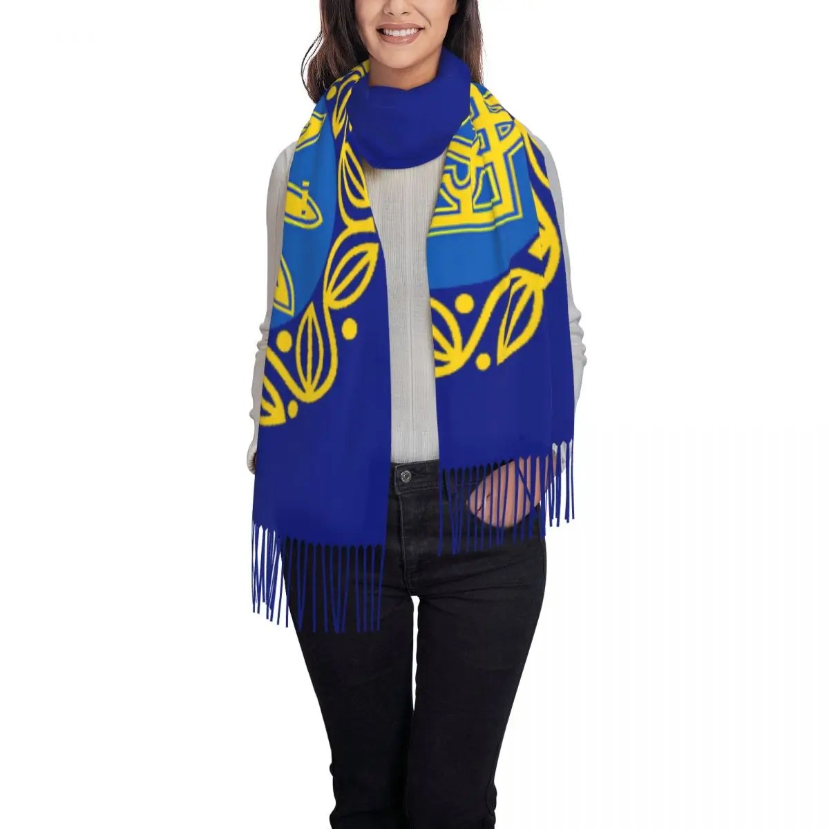 Fashion Coat Of Arms Ukraine Flag Tassel Scarf Women Winter Warm Shawl Wrap Ladies Ukrainian Scarves