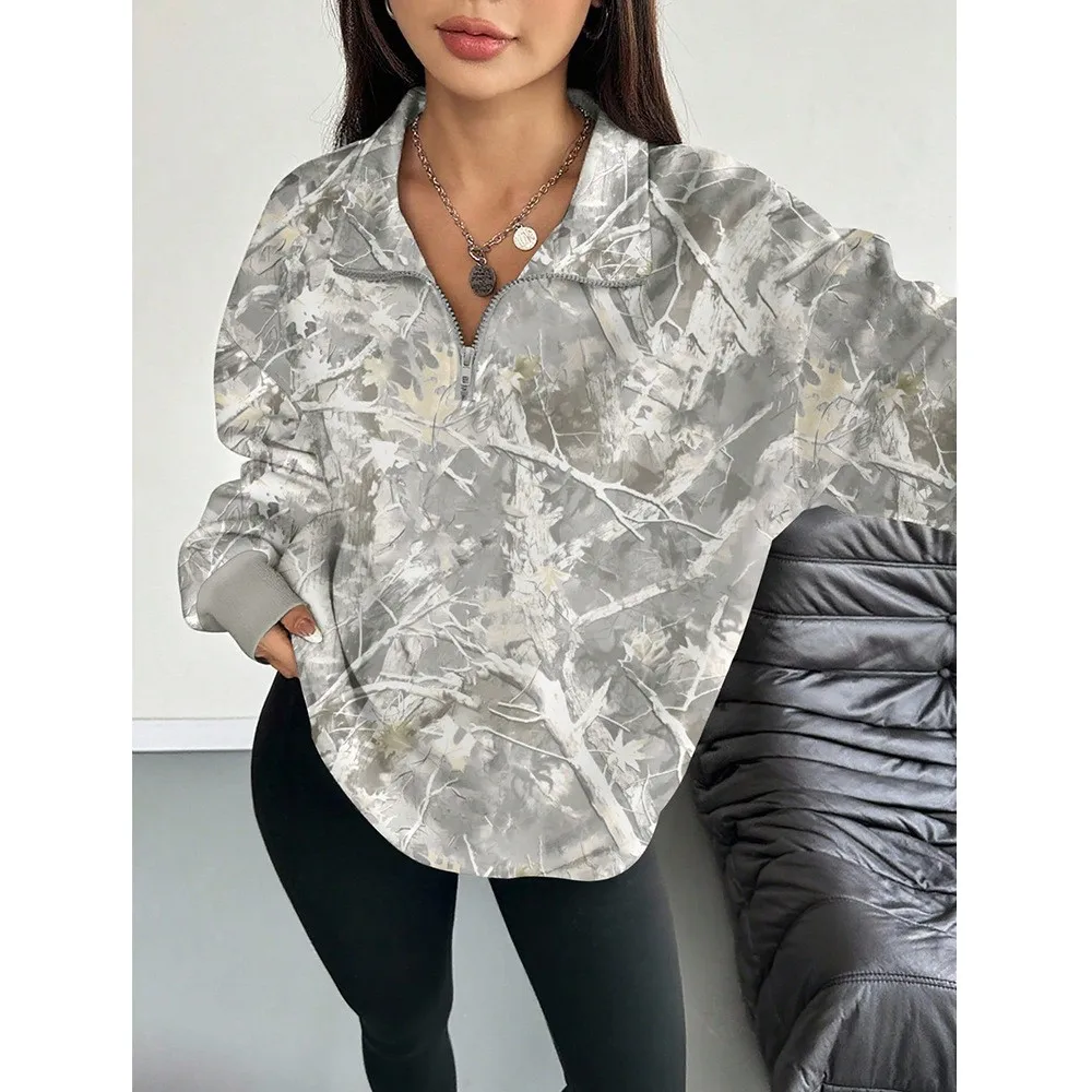 Printed Loose Fit Hoodie with Turn Down Collar Western Style Women Sweatshirt Floral Pattern Pullover Front Regular Length