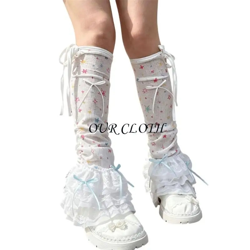Womens Japanese Elasticated Ruffled Lace Trim Leg Warmers Star Pattern Sunscreen Leg Sleeves Loose Knee Socks Streetwear Y1AC