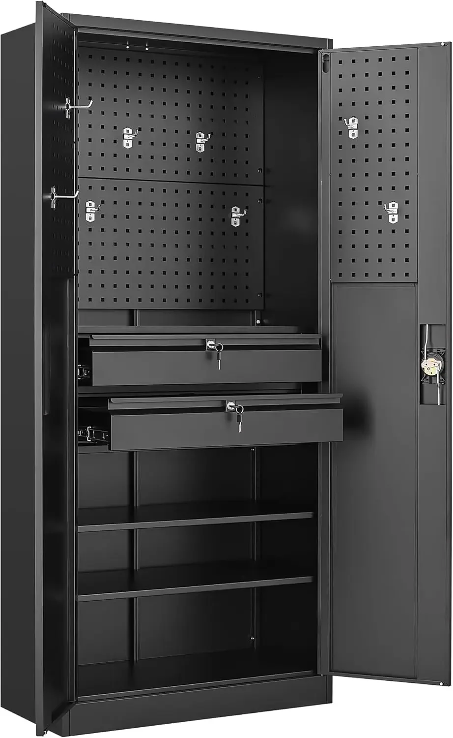 Metal Locker Multipurpose Garage Storage Cabinet with 2 Drawers and Lockable Doors, Pegboard and Accessories - Black