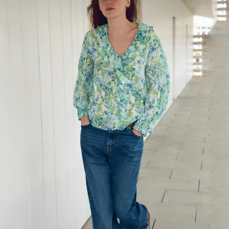 

Faionable Floral Decorative irt Layered Design Street Sle Long Sve Women's Casual irt by Z Polyester Fiber 00%