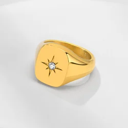 Women Fashion Star Signet Rings, Gold Color Solid Metal Square Round Top Stamp AAA CZ Stone Band, Chic Boho Cool Jewelry