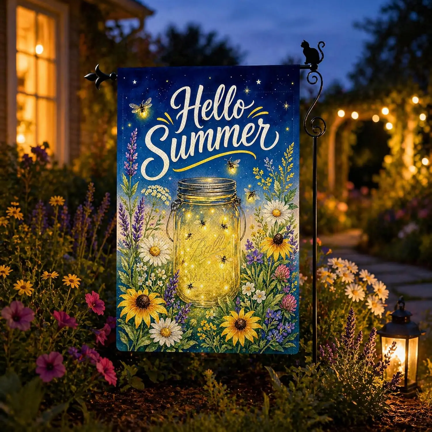 Hello Summer Firefly Mason Jar Garden Flag, Double Sided Summer Night Outdoor Yard Flag, 12 x 18 Inch Burlap Seasonal Porch jjp
