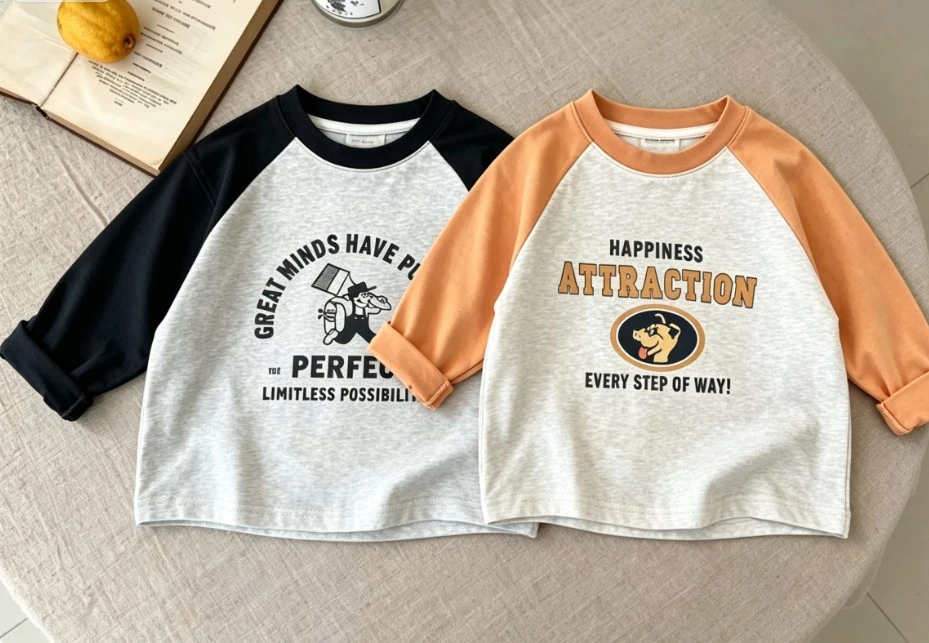 Children Spring Fall Casual Long Sleeve Tee Baby Letter Cartoon Pattern Clothing Kid Raglan Sleeve Soft Cotton Loose Top Wear