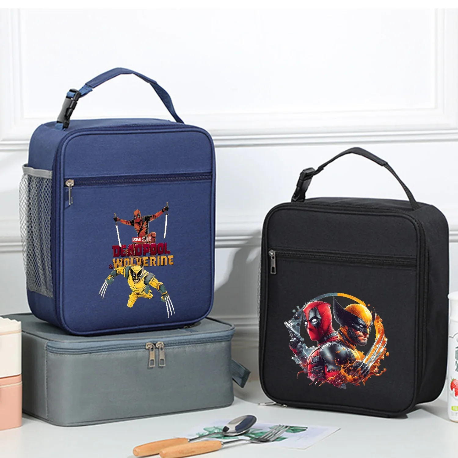 Deadpool Wolverine Borsa per il pranzo Borsa termica isolata per bambini Studente scolastico Scatola per pasti portatile Borse per il pranzo nere