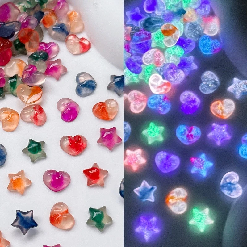 50pcs candy blush heart luminous star resin beads gradient lovely jelly ornaments for sweet nail art decorative accessories