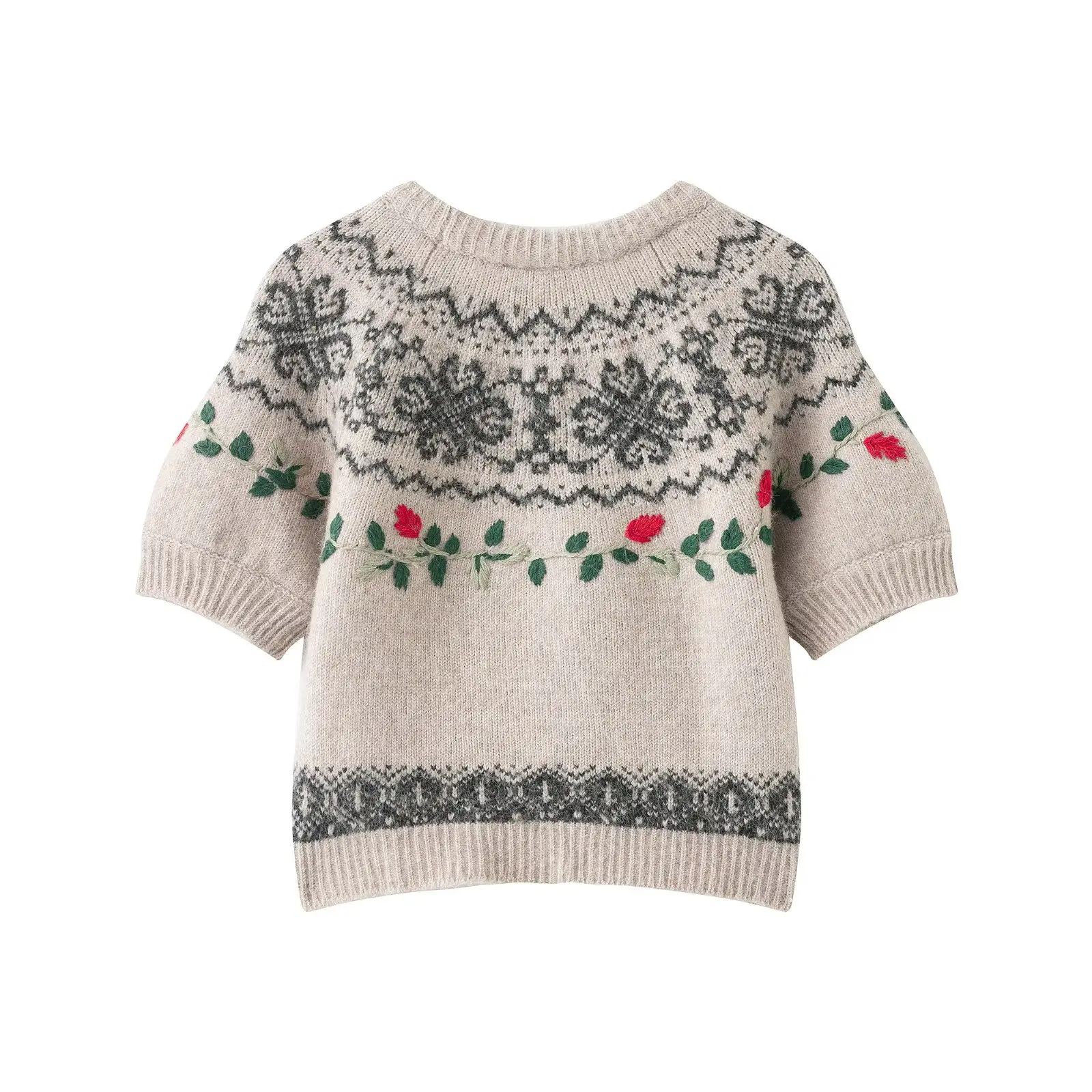 Zevity New Women Fashion Short Sleeve Leaves Embroidery Jacquard Knitting Sweater Female Chic O Neck Pullover Coat Tops SW9463