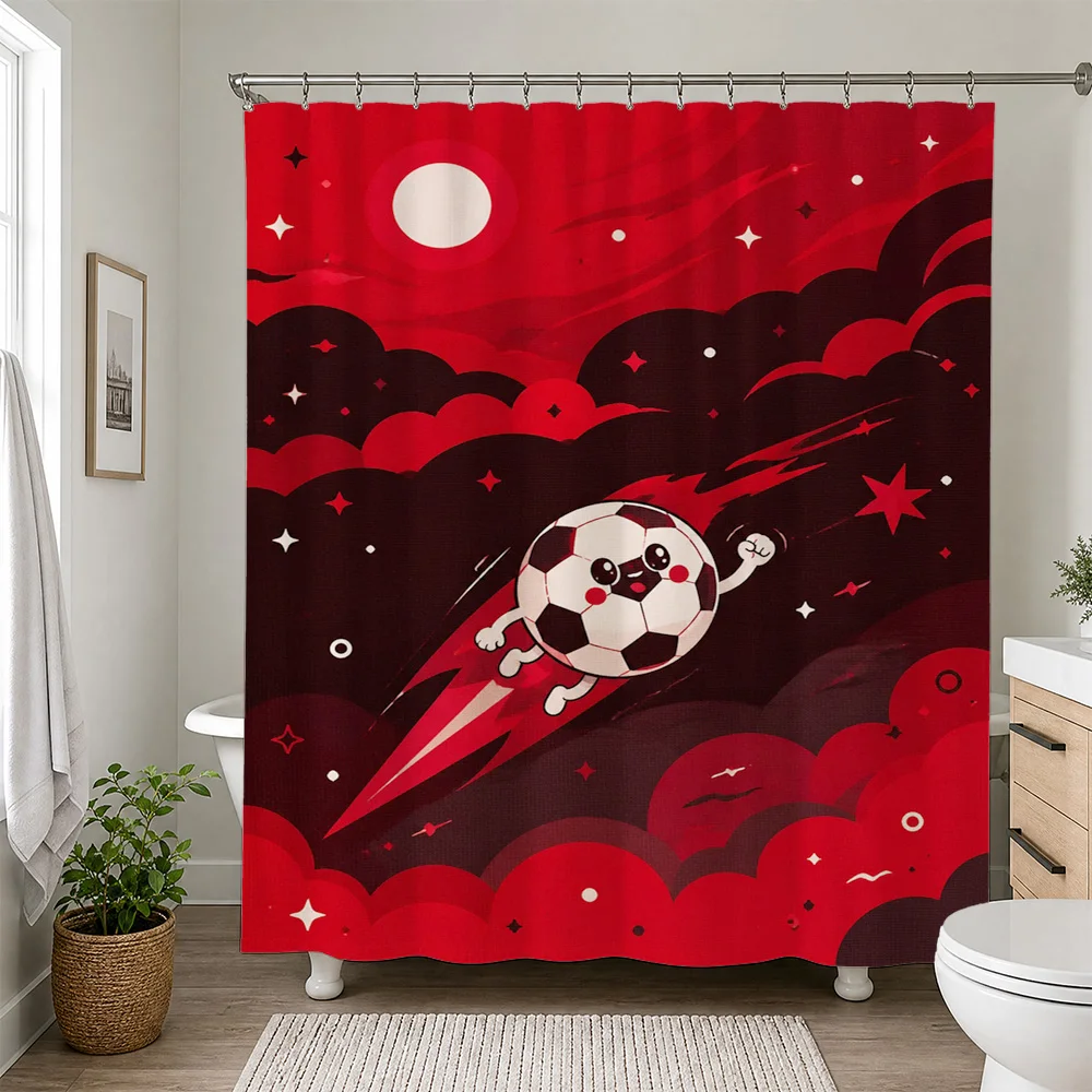 Vibrant Soccer Ball Action Shower Curtain Red Black Sports Theme Bathroom Decor Novelty Curtain