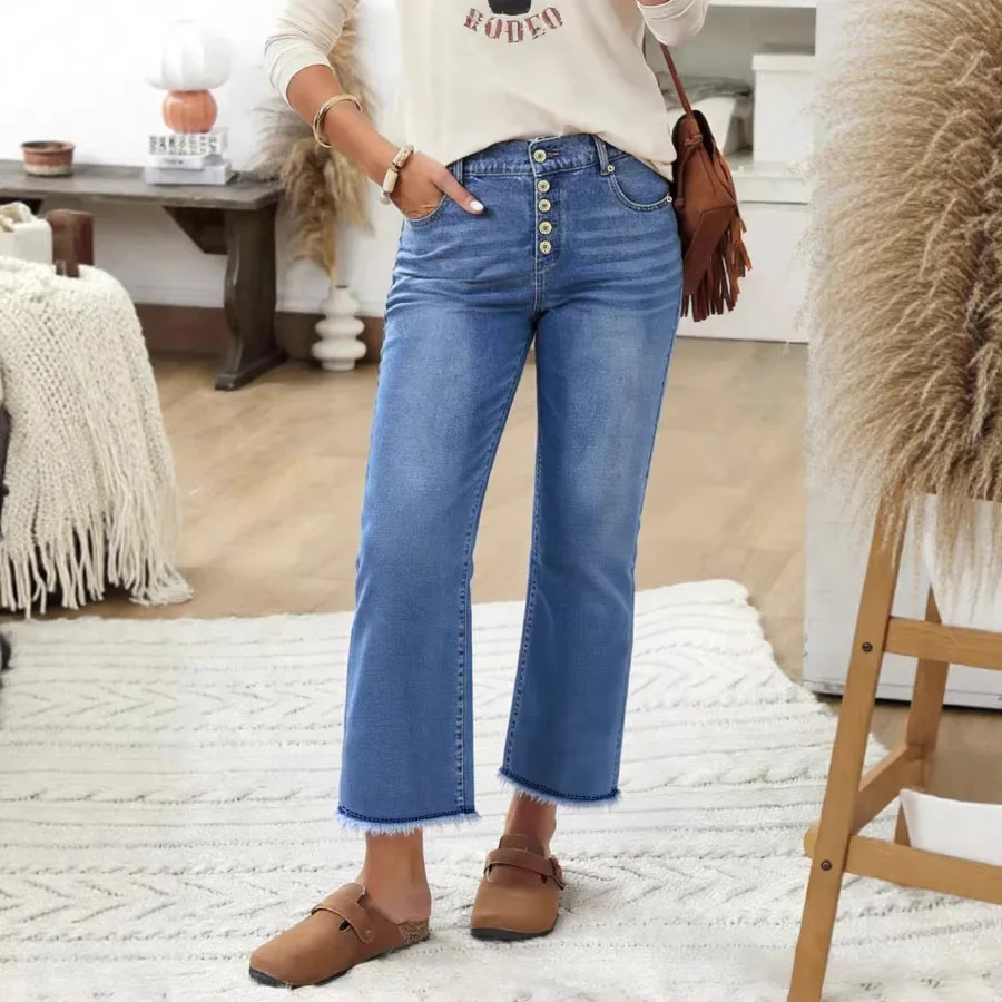 Cross Stitch Denim Jeans High Waist Raw Hem Skinny Jeans Women Spring Summer Fashion Denim Pants
