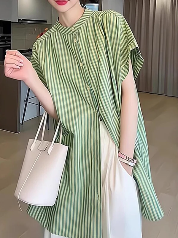 

Elegant Striped Short Sleeve Shirt Top Mid-Length Korean Style Commute Fashion High Waist Design Button Detail Summer New Arr...