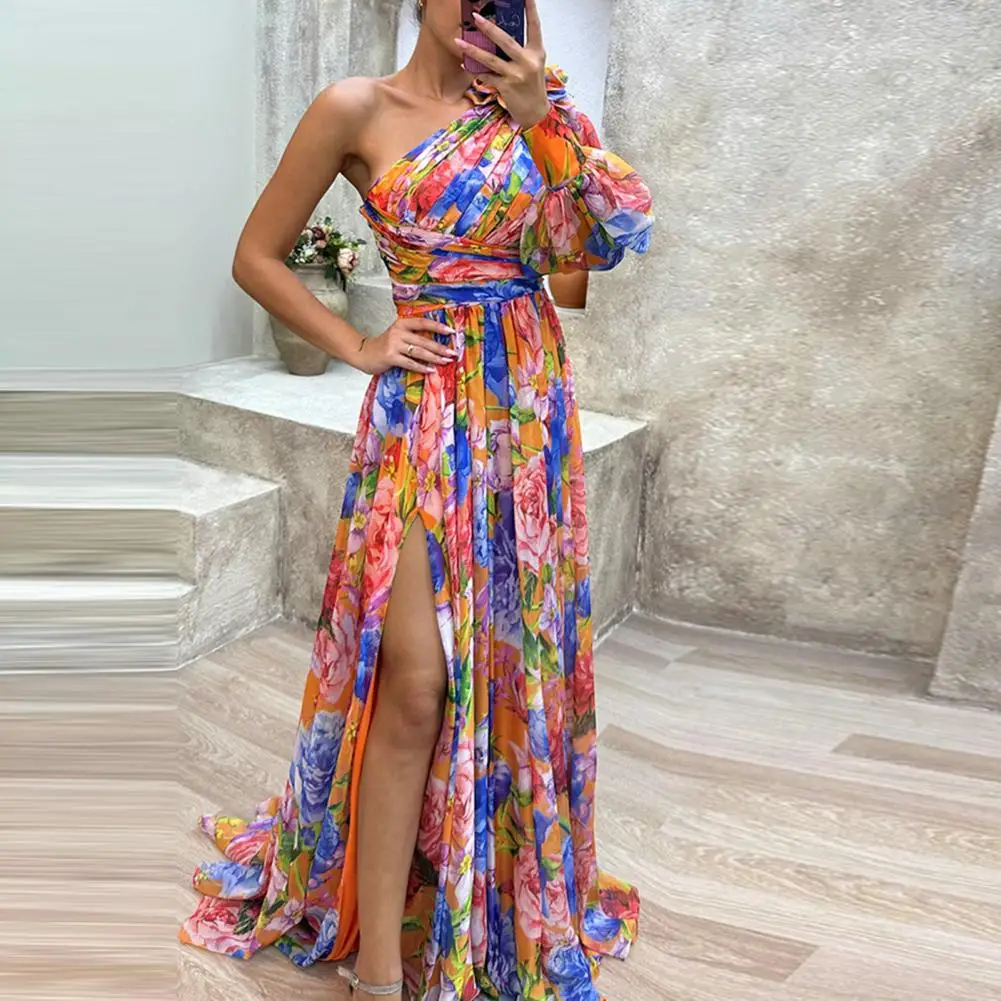 

Women Evening Dress Flower Print One Shoulder Backless Formal Evening Gown Side Split Hem Pleated Slant Neck Ball Party Dress