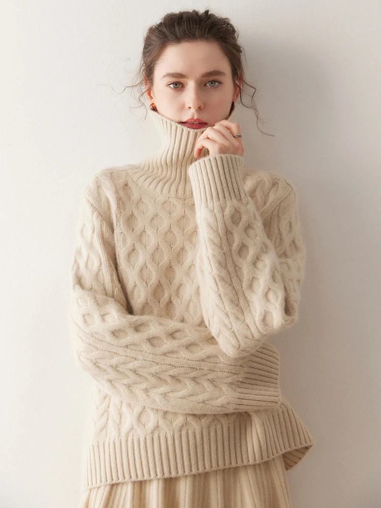 

Высококачественный женский свитер-водолазка из 100% кашемира, свободного кроя, простой стиль, толстый, теплый, вязаный, класса люкс, для осени и зимы