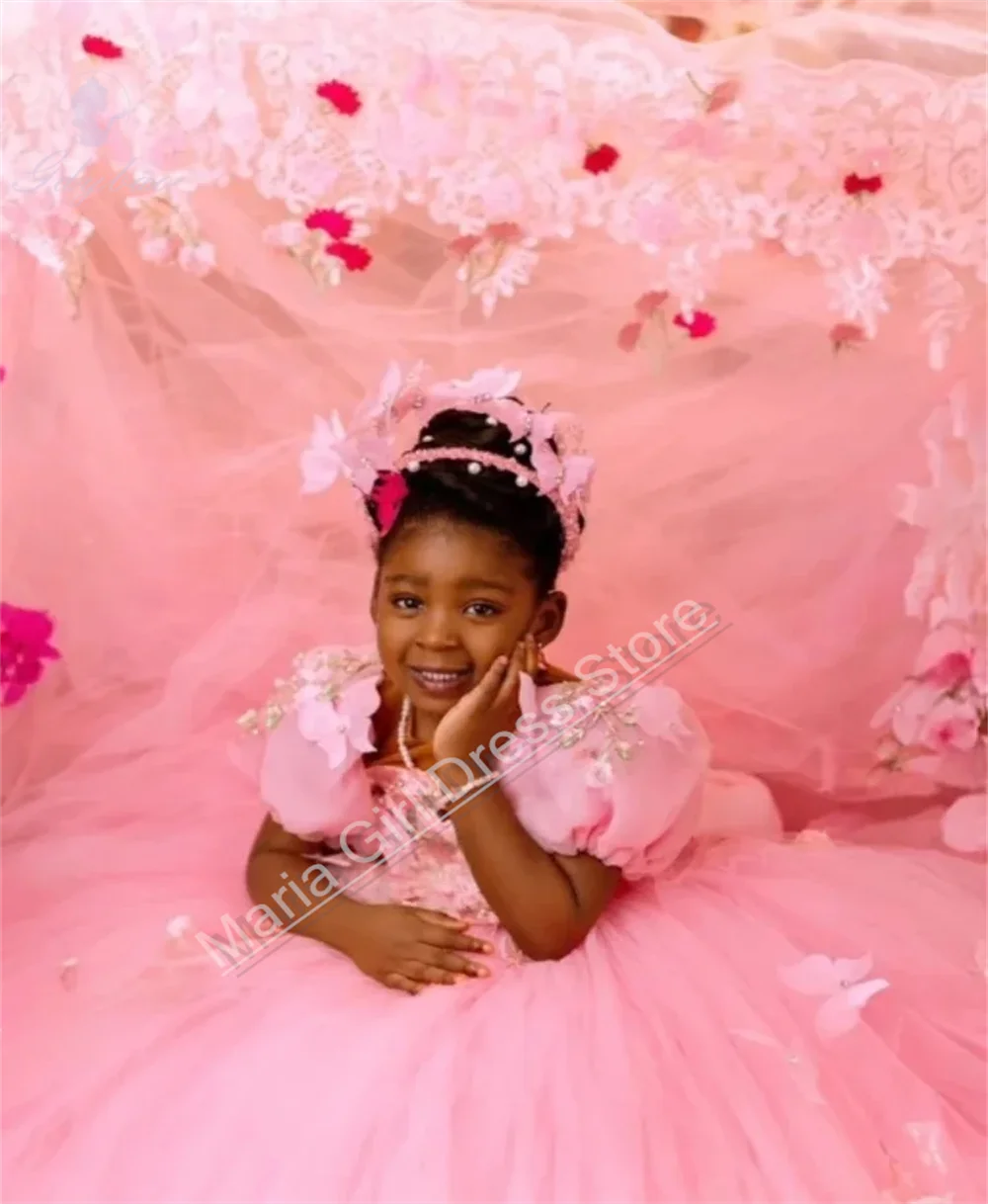 

Custom Pink Princess Fluffy Girls Birthday Party Dress Flower Girl Gown Appliqué Long Prom First Communion Dress