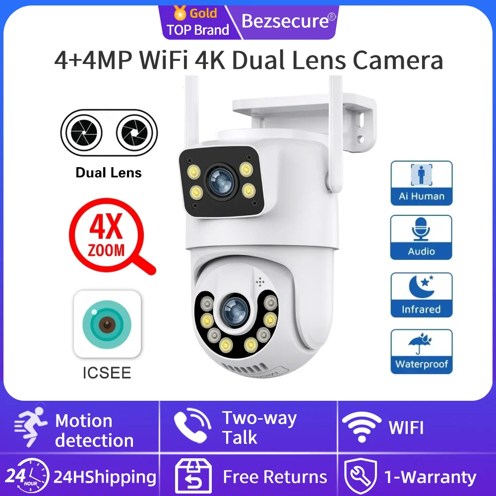

8MP IP Surveillance Camera 4K HD Dual Lens Outdoor Wifi Video Surveillance PTZ Camera Waterproof External AI Track ICsee
