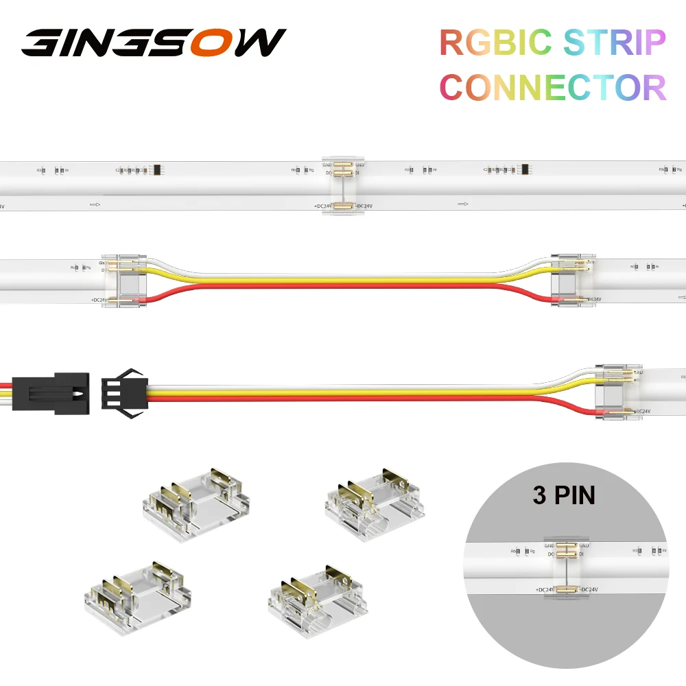 Gingsow 3 Pin Connector for 12mm RGBIC COB LED Strip Light Solderless Terminal Extension Connection Kit Dual End Connector