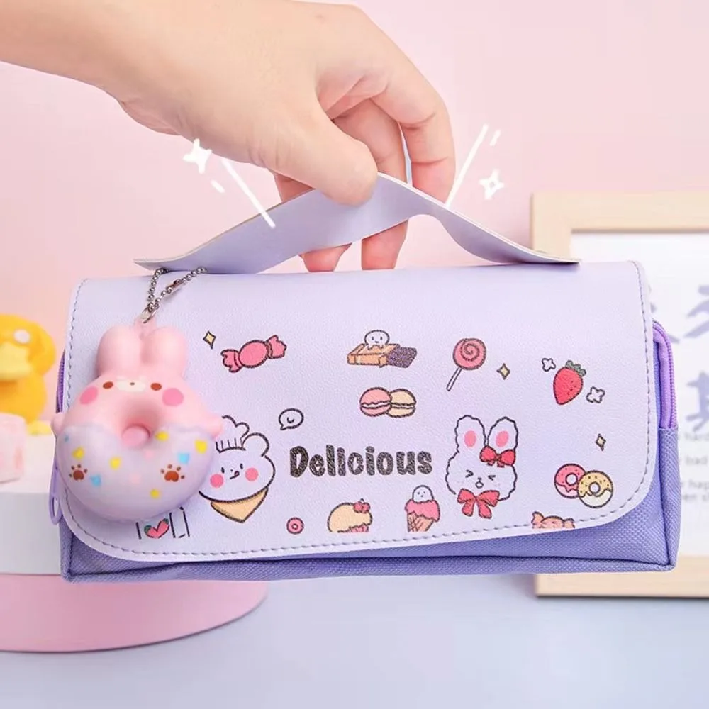 Astuccio per matite con stampa simpatico cartone animato Astuccio per penne in pelle a doppio strato Borsa per cancelleria portatile impermeabile Regalo per studenti