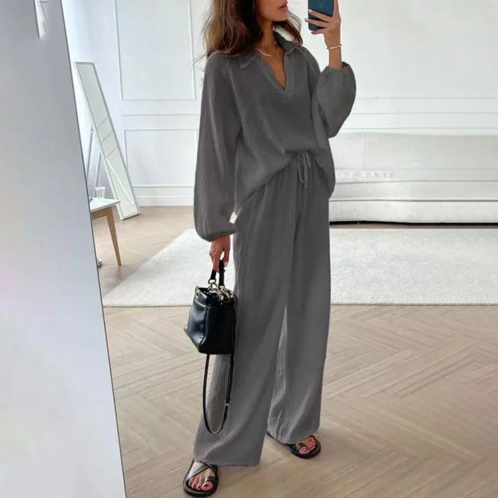 Casual Long Sleeve Tops And Pant Sets Women 2024 Fashion V Neck Shirts Wide Leg Pants New In 2 Piece Sets Women Outfit Elegant