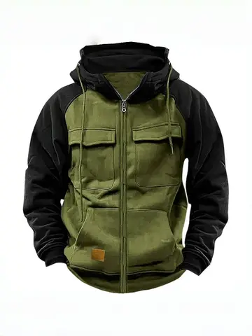Men's Hooded Sweatshirt Zipper Patchwork Fleece Jacket Warm Sporty Autumn Winter with Multiple Pockets Fashionable Hood