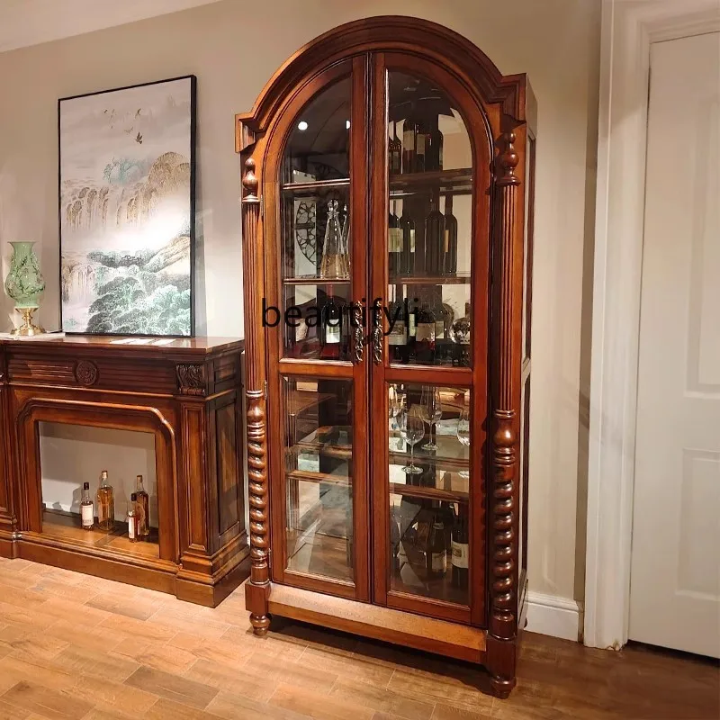 

A36 American solid wood wine cabinet European retro arched bookcase Home living room display glass cabinet