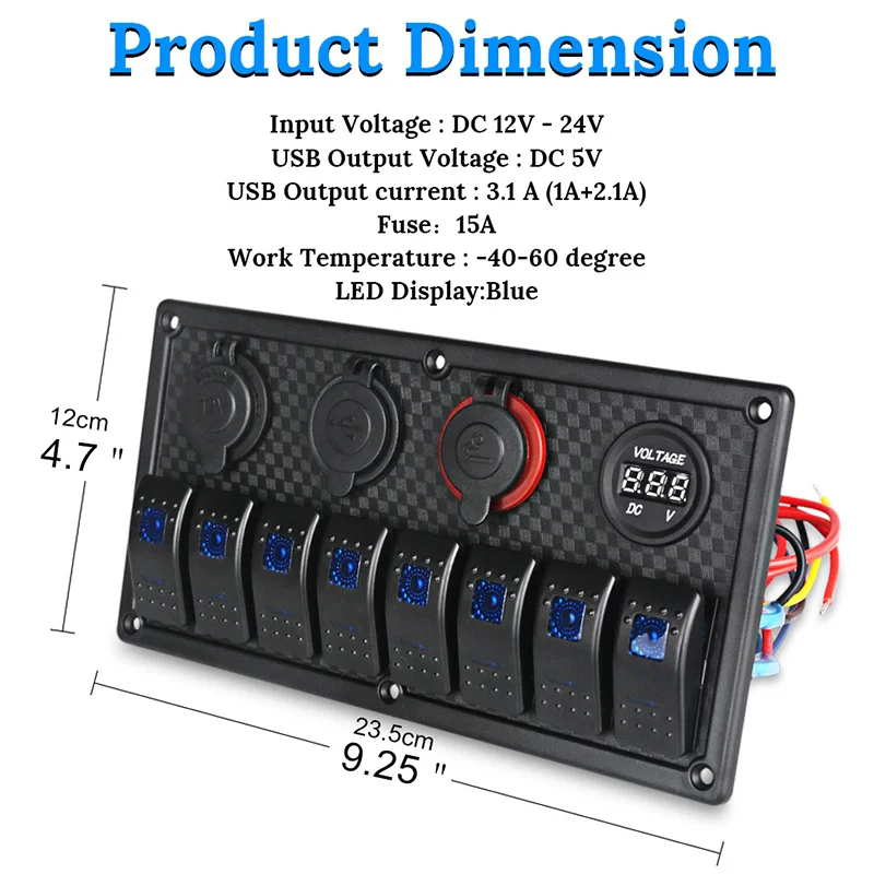 Waterproof Boat Marine Switch Panel + USB Power Socket + Dual Cigarette Lighter + Led Voltmeter 8 Gang Car Rocker Switch Panel