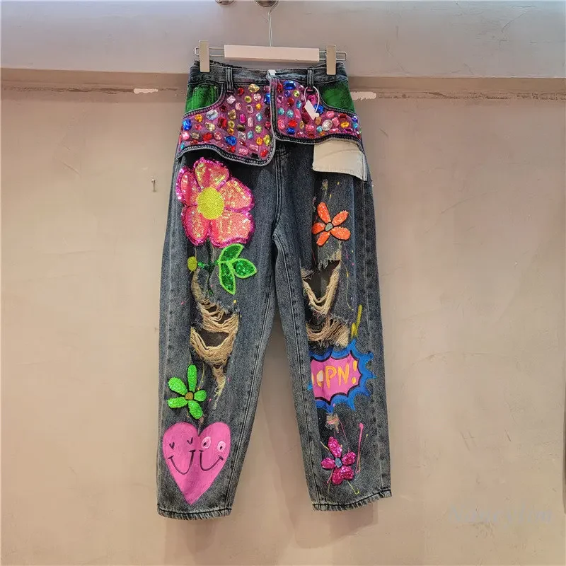 European Street Personalized Jeans Women 2023 Spring and Summer New Beads Ripped Jeans High Waist Loose Straight Denim Pants