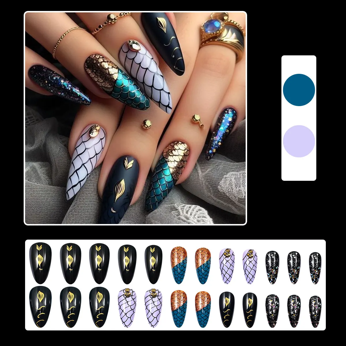 24 pezzi polvere glitterata a squame di pesce unghie finte a punta lunga stampa 3d sulle unghie design a squame di pesce mandorla unghie finte punte 3D con colla