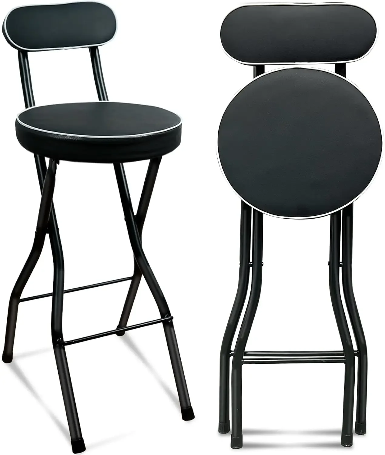 Foldable Bar Stool with Back, Tall Padded Seat, Portable Counter Height Stool for Kitchen Island - Black