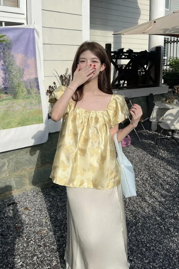 

​​Satin Balldrop Blouse Butterfly Print 2025 Summer Youthful Silhouette Premium Relaxed Fit Resort Luxe Cover Blouse Top​​