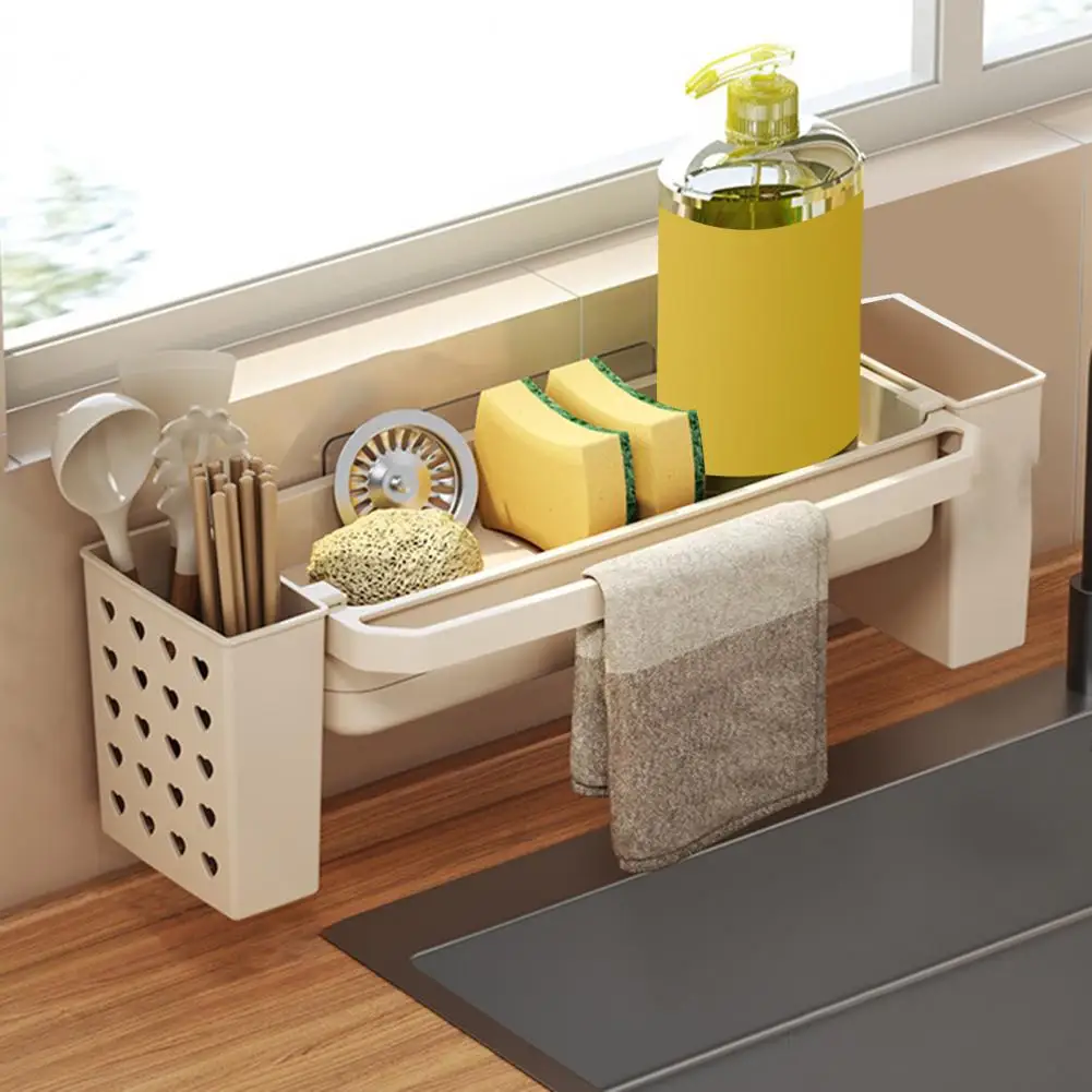 Countertop Sponge Organizer Kitchen Sink Drain Rack with Hanging Rod Chopstick Holder Rust-resistant Countertop Organizer for A