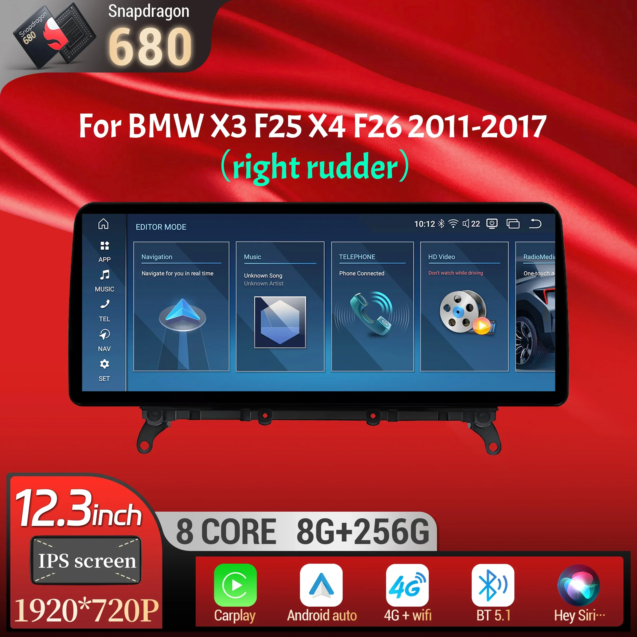 

12.3 inch Right Hand Drive Android 14 For BMW X3 F25 X4 F26 2011-2017 Car Radio Wireless BT Carplay Snapdragon 680 Touch Screen