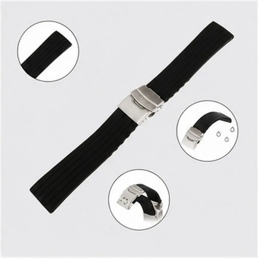 22Mm Black Silicone Watch Band Waterproof Stripes Pattern Deployment Clasp Quick Release Safety Buckle Adjustable for Sports