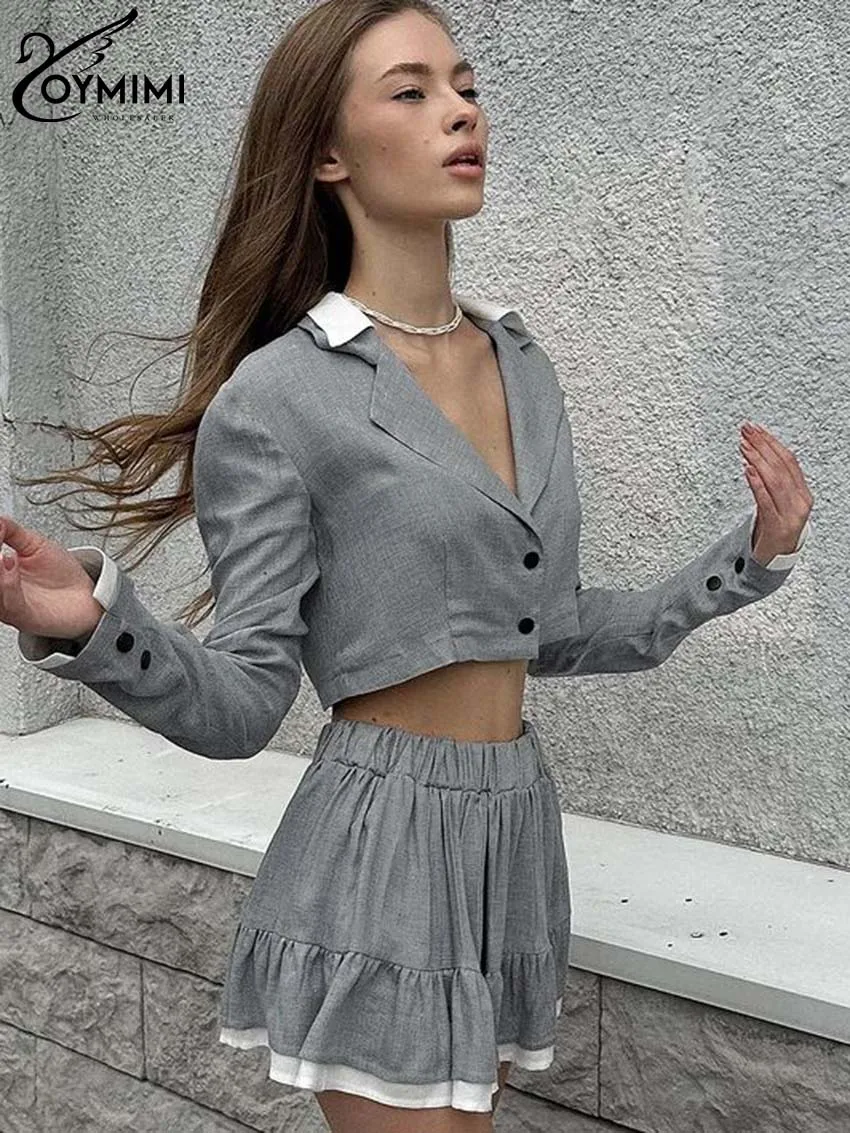 Oymimi Fashion Grey Patchwork Sets Womens 2 Piece Elegant Long Sleeve Button Crop Shirts And High Waist Pleated Mini Skirts Sets