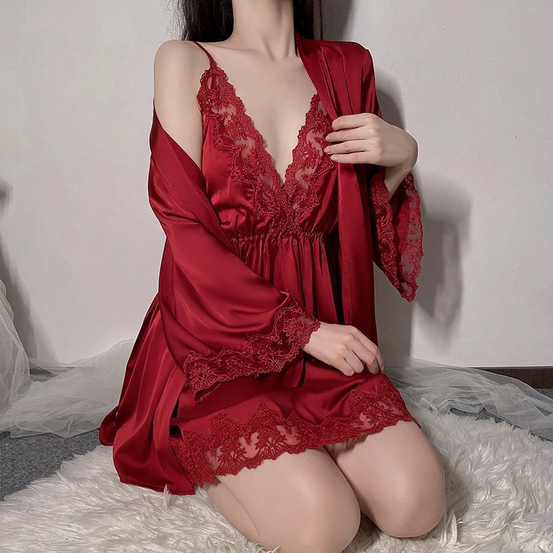 2023 Fshion Sexy Women Pajamas Sets Satin Sleepwear Silk 2 Pieces Nightwear Strap Lace Sleep Lounge Pajama