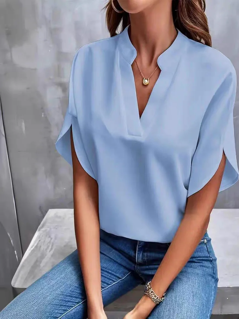 カジュアル Vネック レディース シンプル 無地 ルーズフィット オルト スベ 日常着 夏 ファッション レディース プレミアム品質 トップス