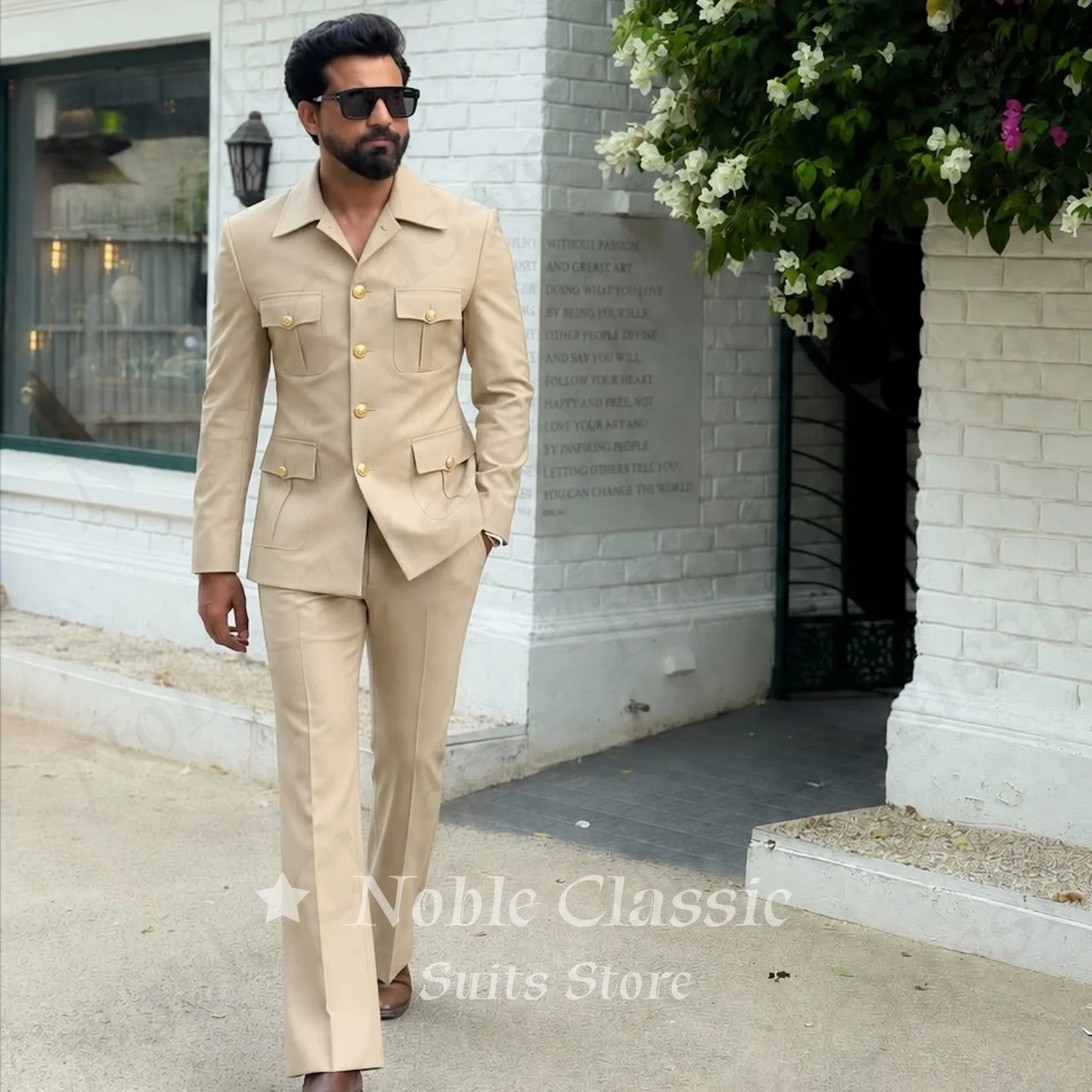 2 Pieces Khaki Safari Men Suit Four Cargo Pocket Collared Gold Buttons Slim Fit Blazer Pants Wedding Guest Formal Customized