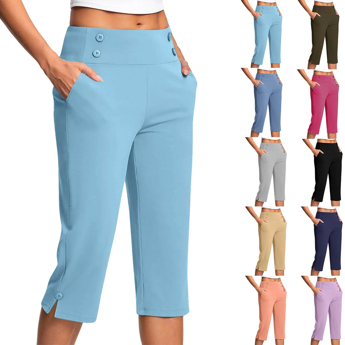 Women Solid Color Straight Capri Pants Elastic Waist Pockets Split Hem Button Decor Summer Casual Pants Multi Colors