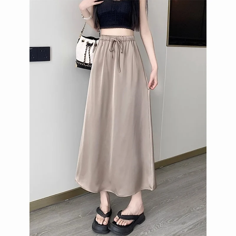 Fashion Elastic Lace Up All-match Solid Color Satin Skirts Female Clothing 2024 Summer New Loose Casual High Waist Skirts