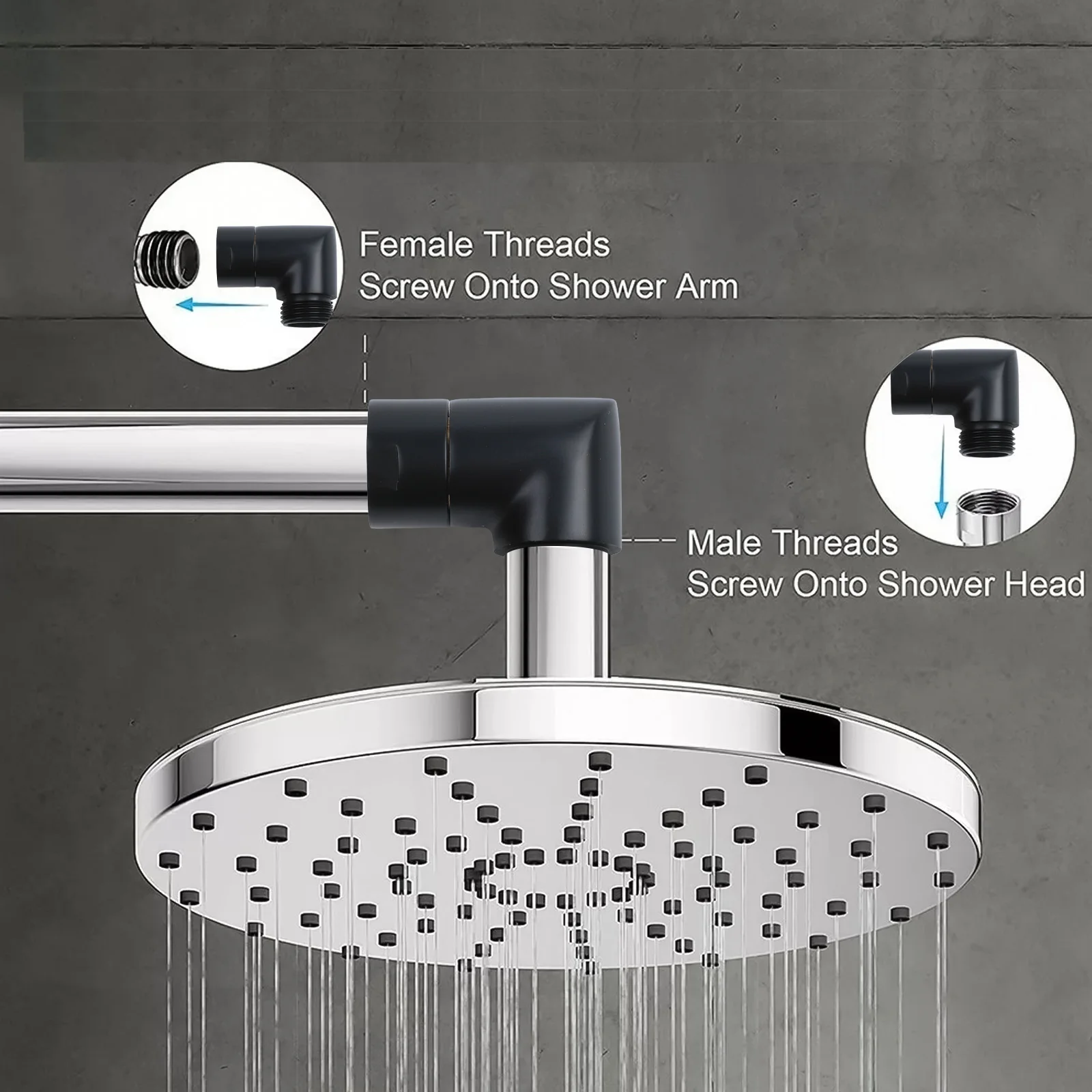 G1/2 핸드 샤워 상단 스프레이 팔꿈치 검정색 각도 암나사 및 수나사 90 °   샤워 헤드 커넥터 엘보 어댑터