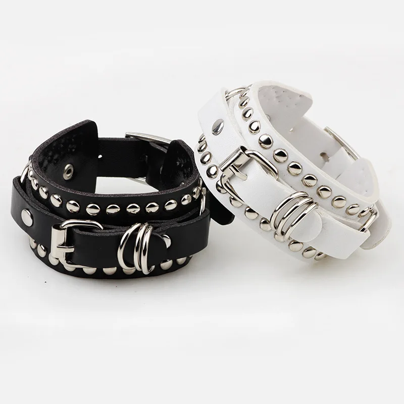 Personality Black White Rock Spikes Rivet Chains Bracelets for Women Men Gothic Punk Wide Cuff Leather Couple Bangle Jewelry